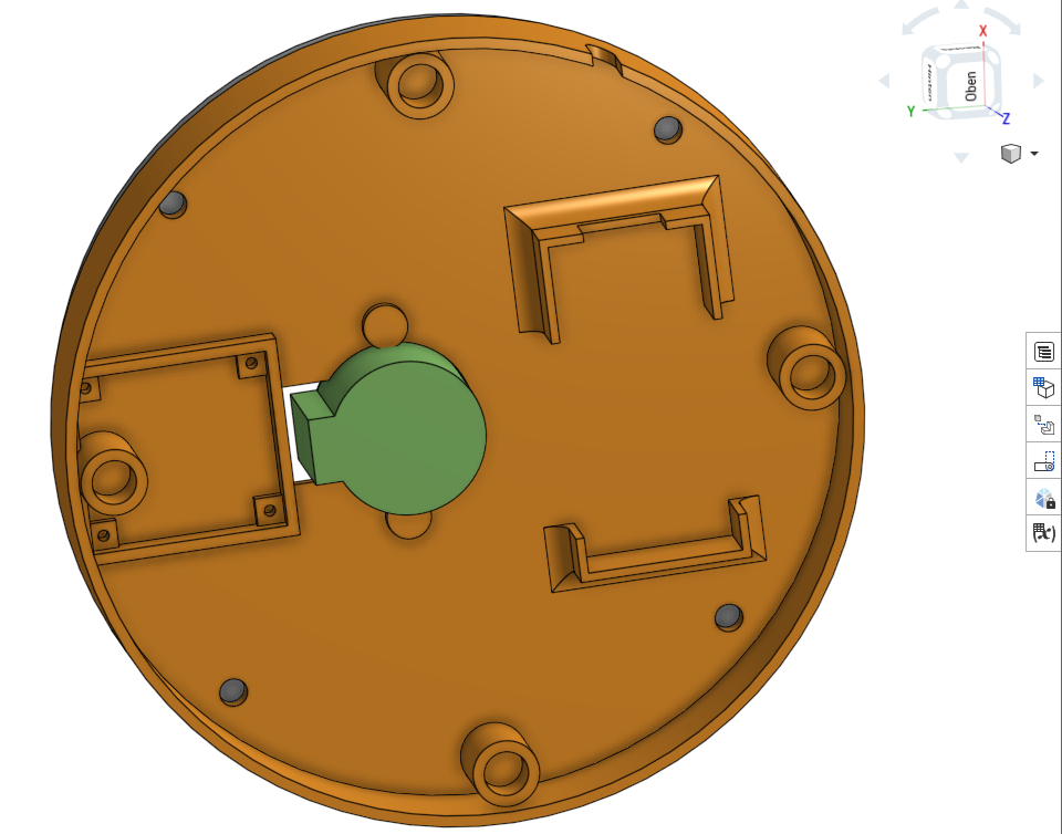 3D-Modell des Sockels in Onshape, Unteransicht — Aufnahmen für TTGO, Treiberplatine und Schraubdome