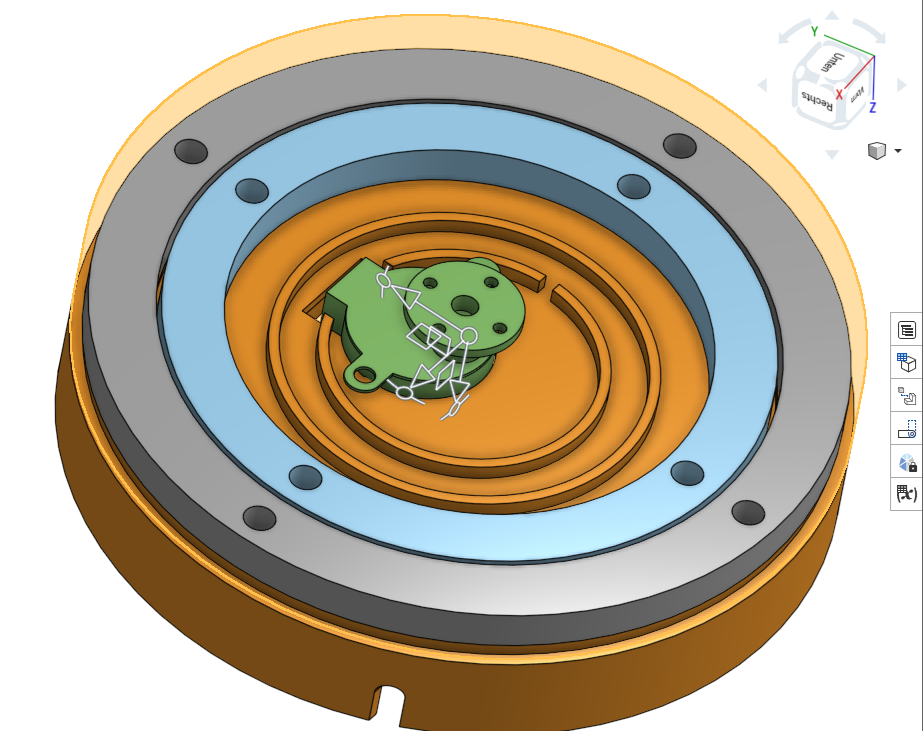3D-Modell des Sockels in Onshape, Aufsicht — Drehlager mit Stepper im Zentrum